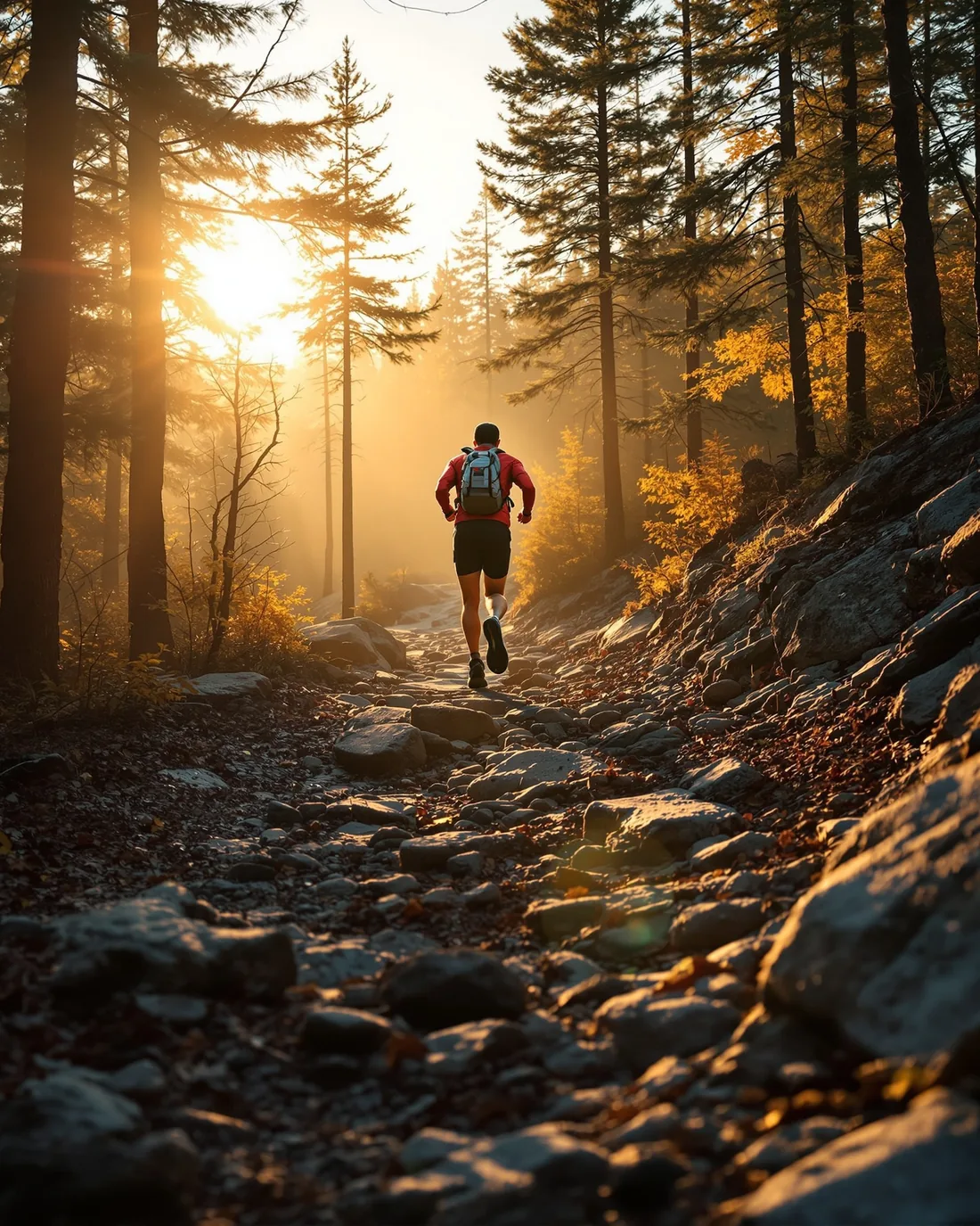 Trail runner powering up a wooded Michigan trail at golden hour