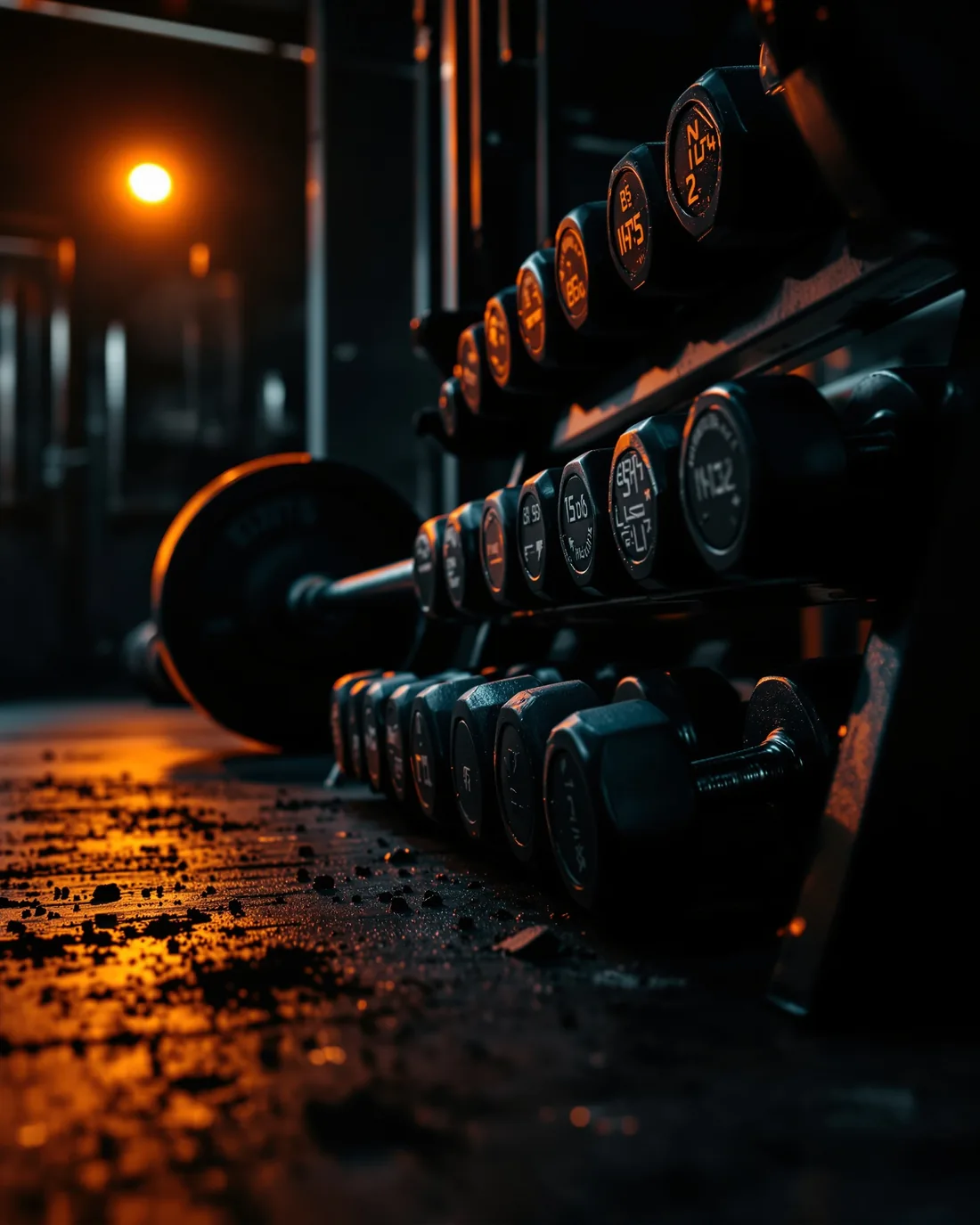 Dumbbell rack lit by warm light in the RockFit gym